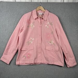 Alfred Dunner Jacket Womens 18 Pink Floral Embroidered Twill Button Grannycore